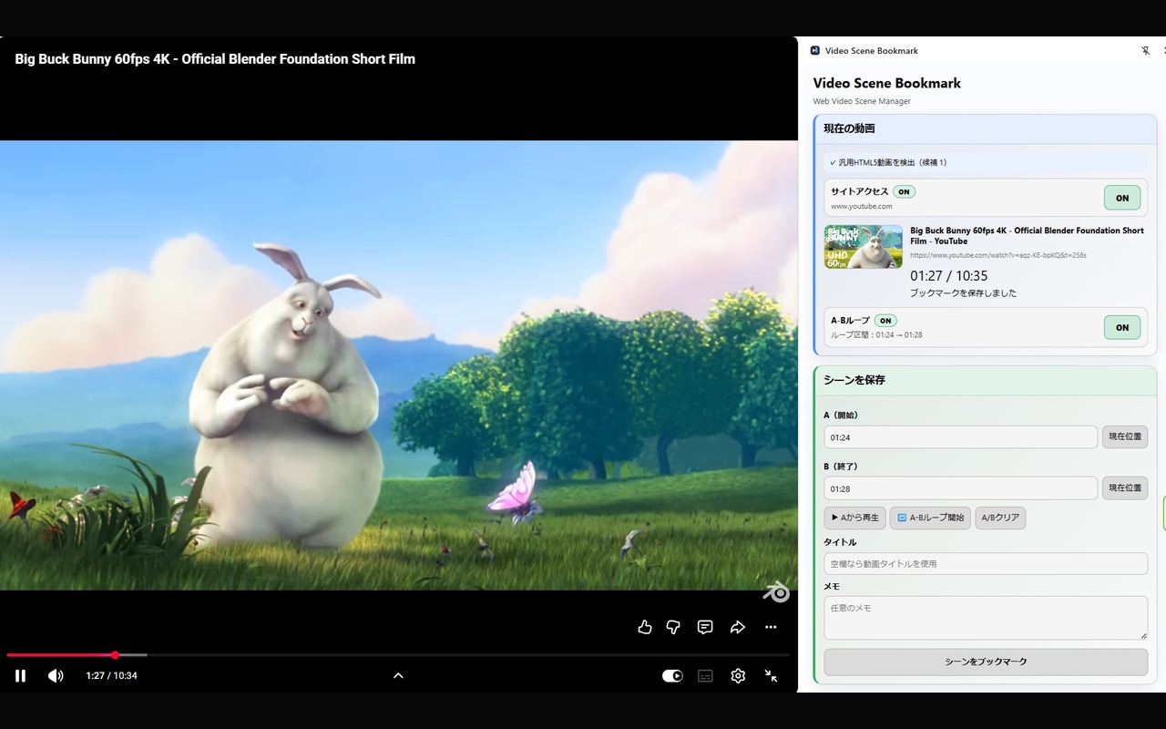 Video Scene BookmarkでA/B区間を設定している実際の画面